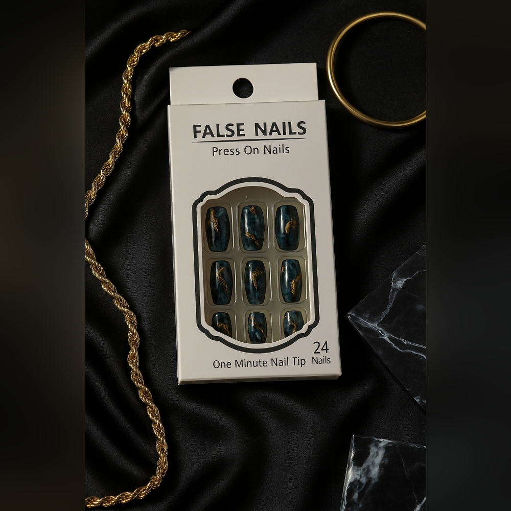 Navy Blue and Gold False Nails Set
